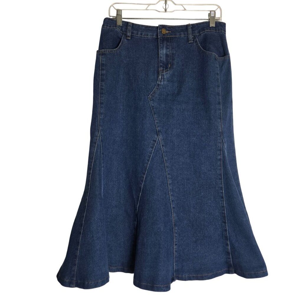 Allegra Casual Denim Skirt M High Waist Gored Flared Midi Pockets